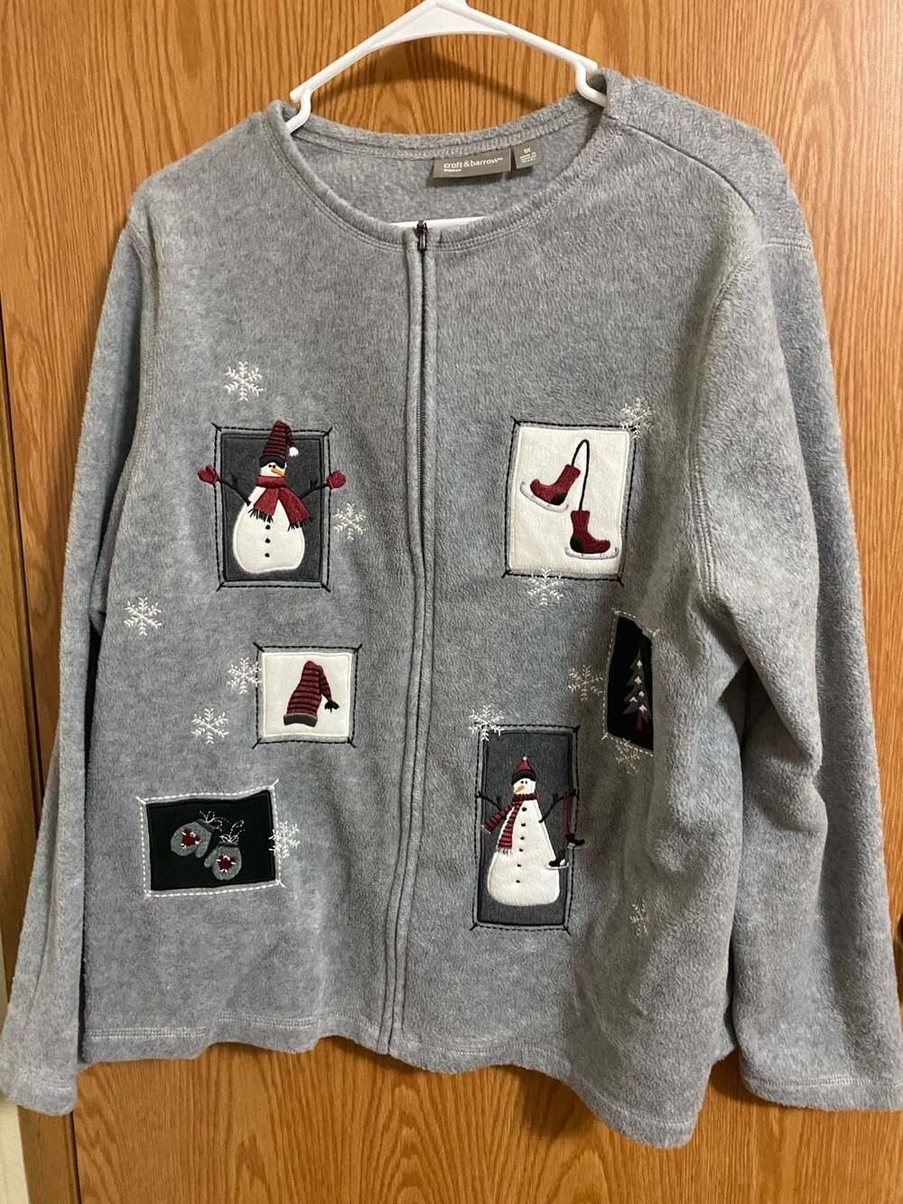 Croft & Barrow Full Zip Fleece Jacket Size 1X Gray Christmas Snowman